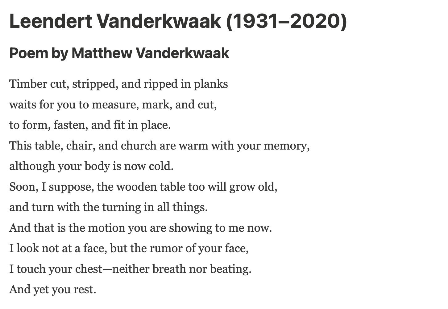 POEM: Leendert Vanderkwaak (1931–2020)